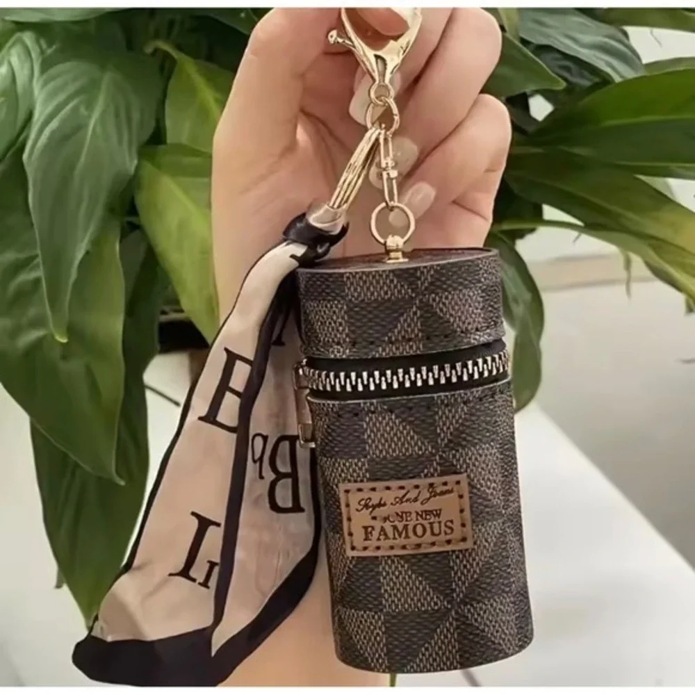 Checkered Cylinder Lipstick Holder Keychain Purse with Scarf Accent  Charm